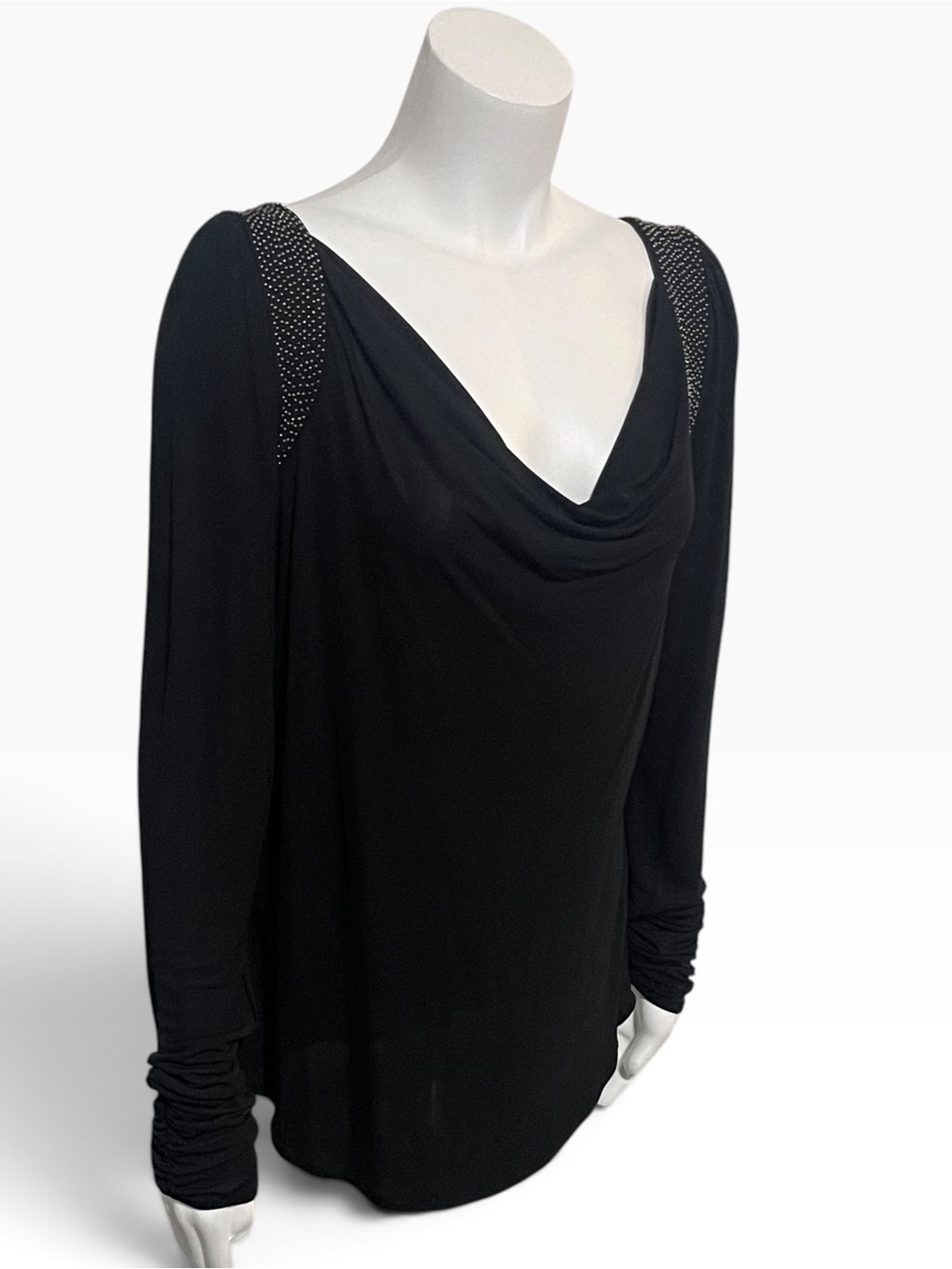 Robert Graham Black "Glance" Beaded Cowl Neck Draped Blouse Top Size Large